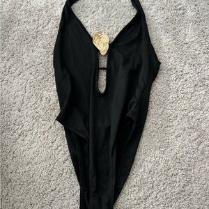 Black Halter Bodysuit with Gold Accent